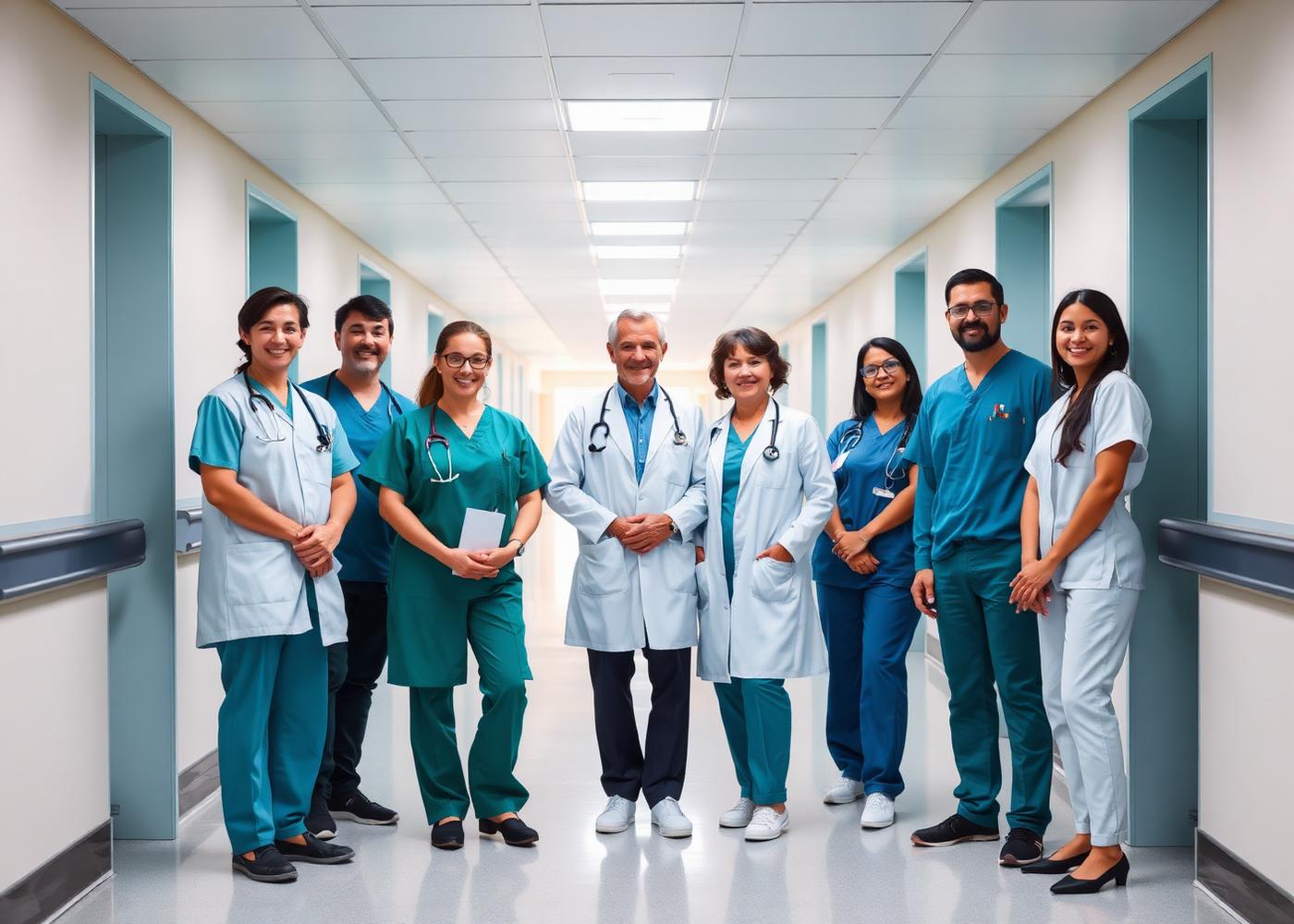 Doctors and nurses of the hospital standing in a corridor
