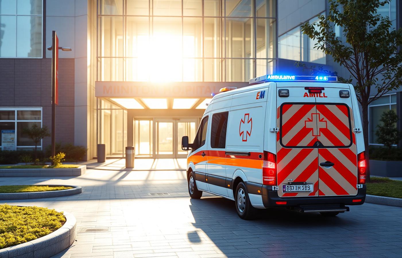 Ambulance parked at the hospital emergency entrance